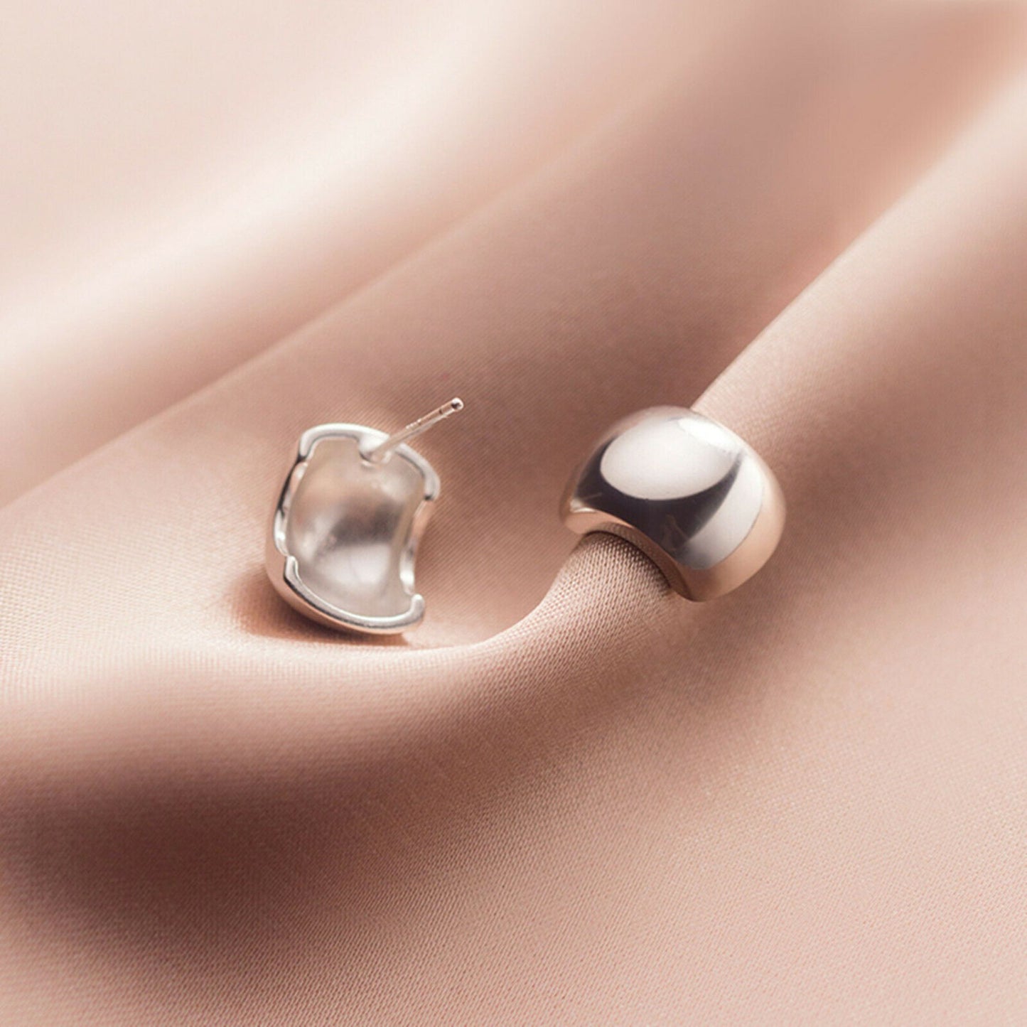 Sterling Silver Chunky Shiny Polished Half Hoop Circle Dome Square Drop Earrings - sugarkittenlondon