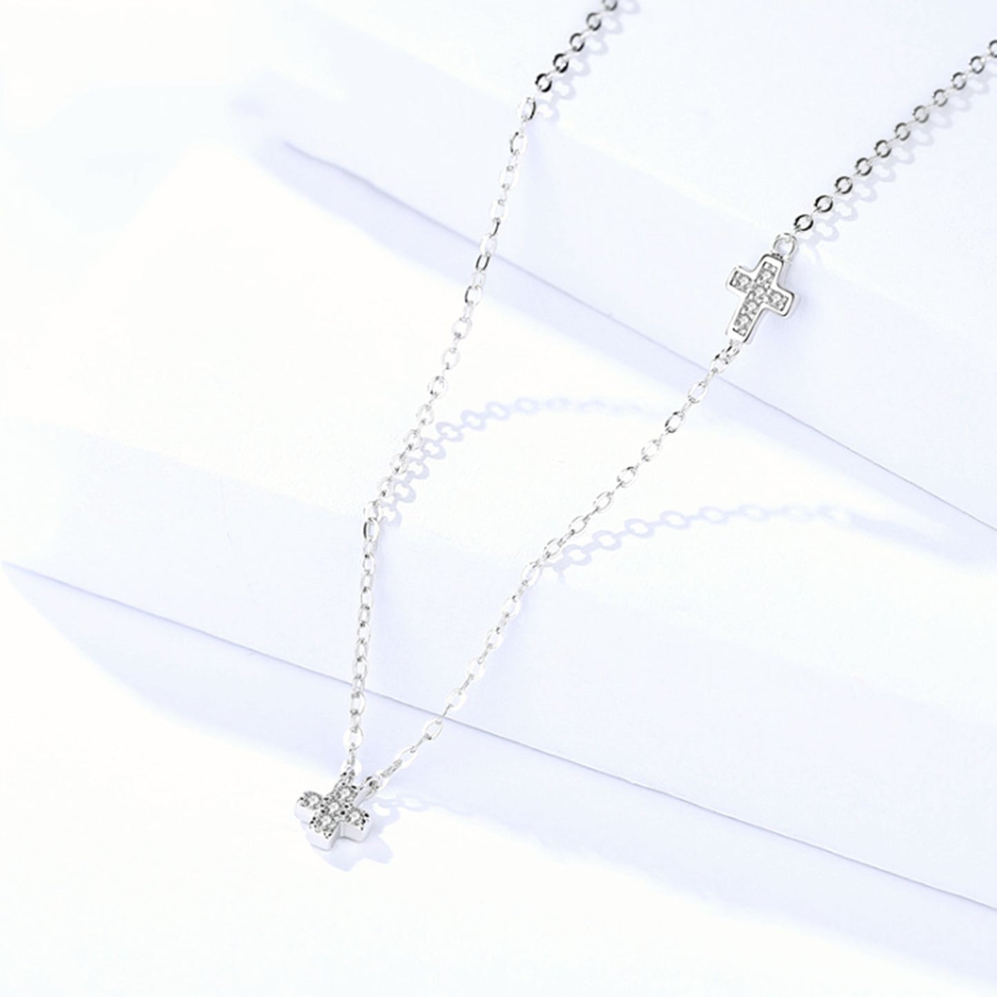 SKL Sterling Silver Double Cross Micro Pave Cz Sideways Horizontal Charm Necklace - sugarkittenlondon