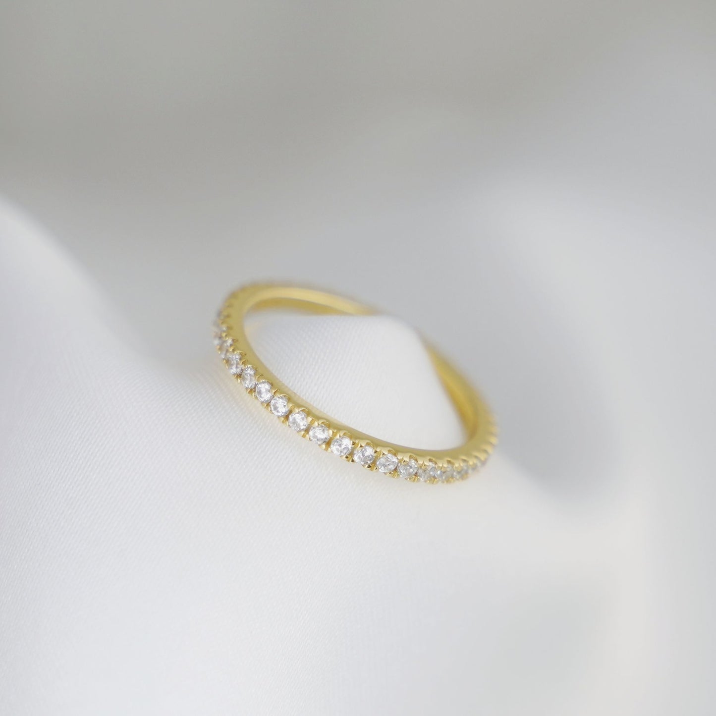 18K Gold on Sterling Silver Full Eternity 2mm Paved CZ Crystal Band Ring I - T - sugarkittenlondon