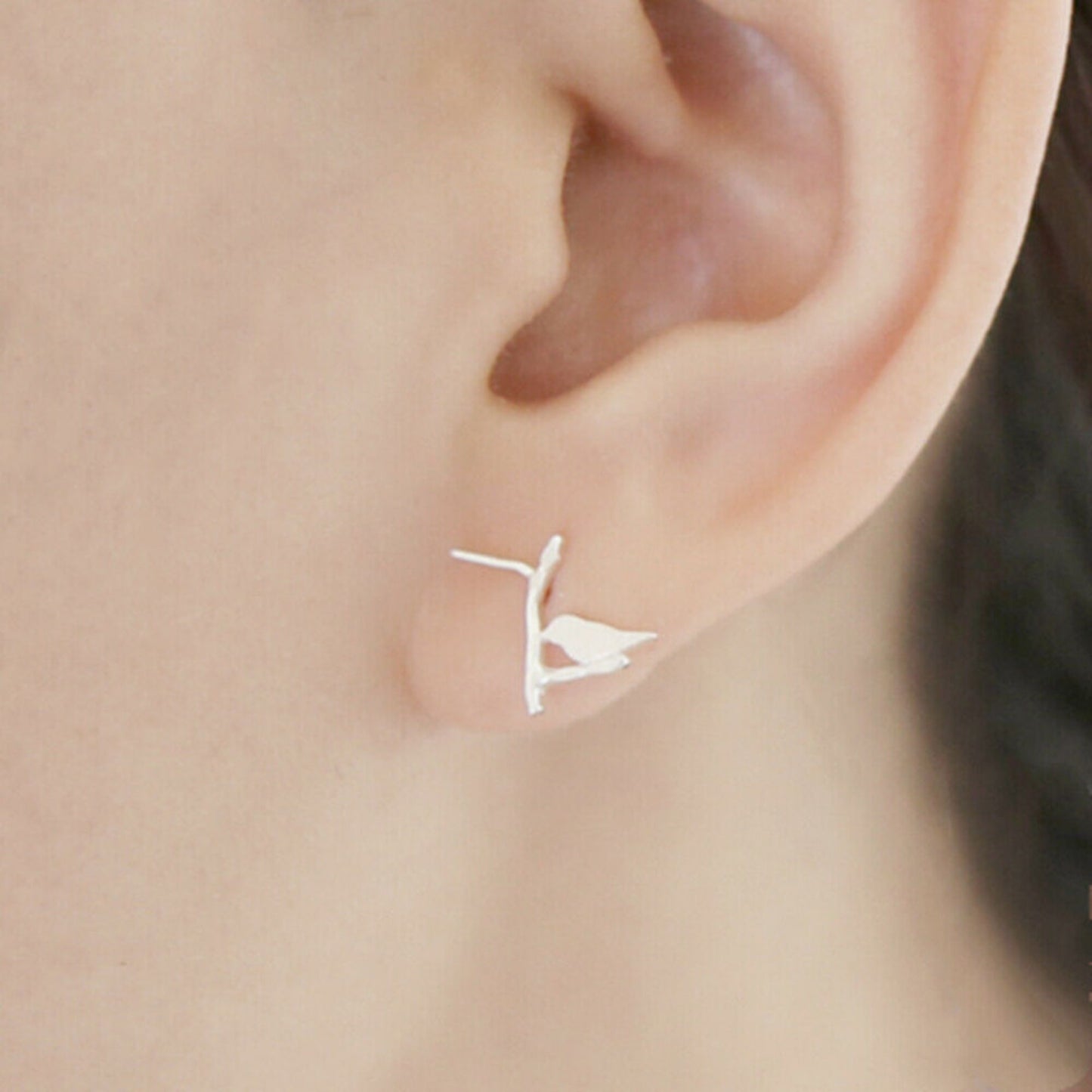Sterling Silver Shiny Brushed Bird On A Polished Branch Stud Earrings - sugarkittenlondon