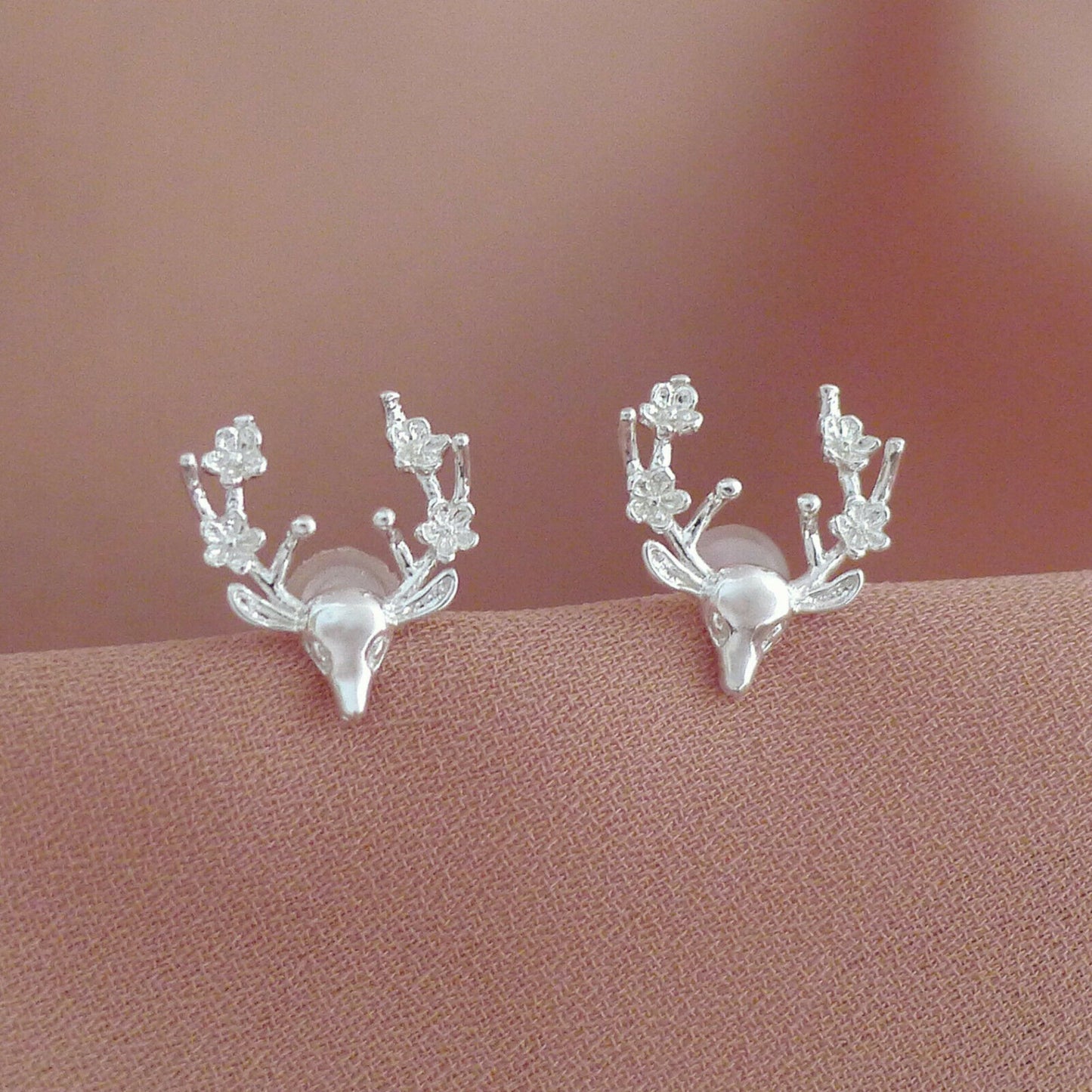 Sterling Silver Shiny Deer Head With Floral Antler Stud Earrings - sugarkittenlondon