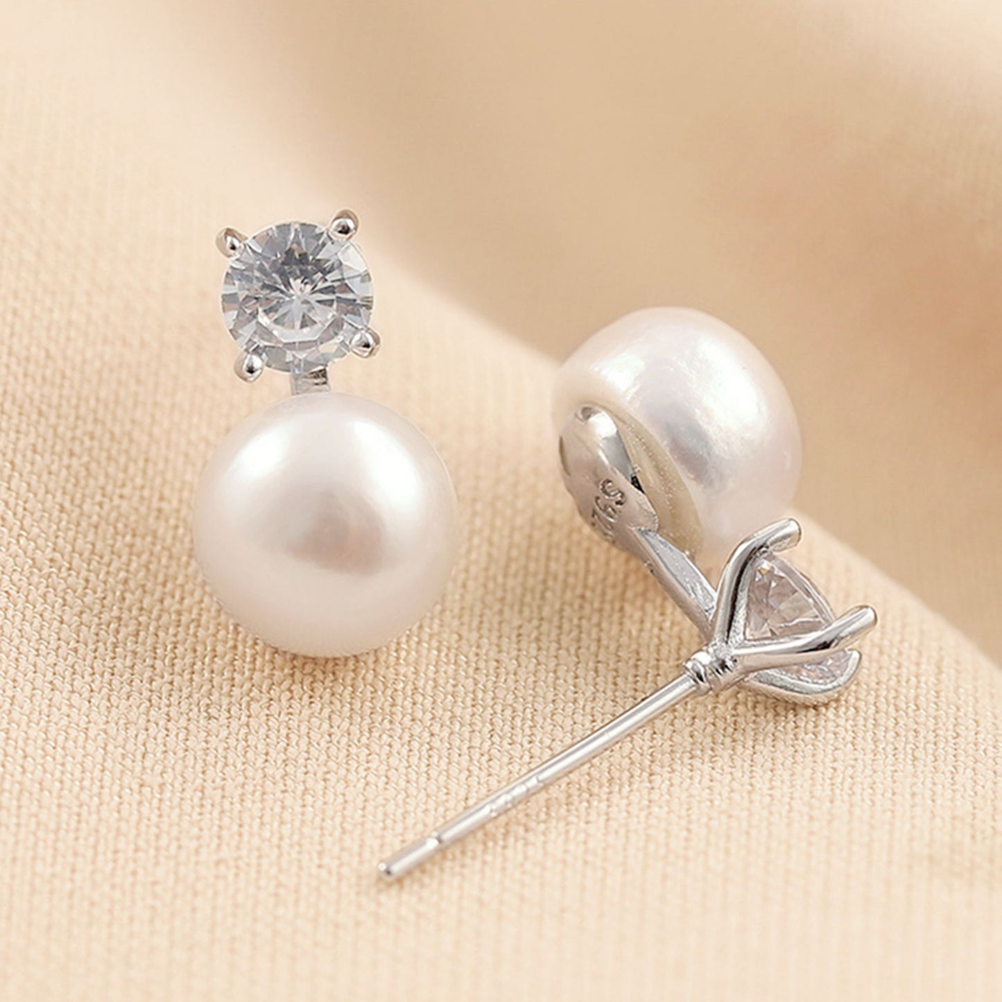 Sterling Silver 8MM Cultured White Freshwater Pearl 4mm CZ Studs Earrings - sugarkittenlondon