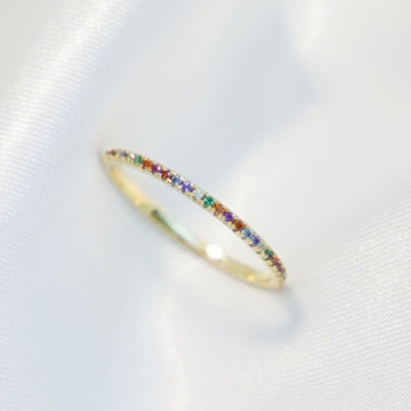 14K Gold on Sterling Silver Full Eternity Rainbow 1mm CZ Crystal Stacking Ring - sugarkittenlondon