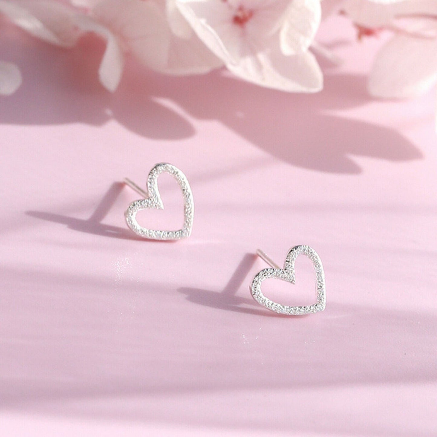 Sterling Silver Glittering Sandblast Floating Love Heart Stud Earrings - sugarkittenlondon