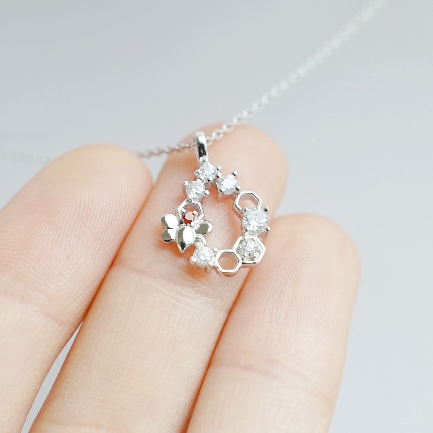 Sterling Silver Bee On Honeycomb Red White CZ Beehive Wreath Pendant Necklace - sugarkittenlondon