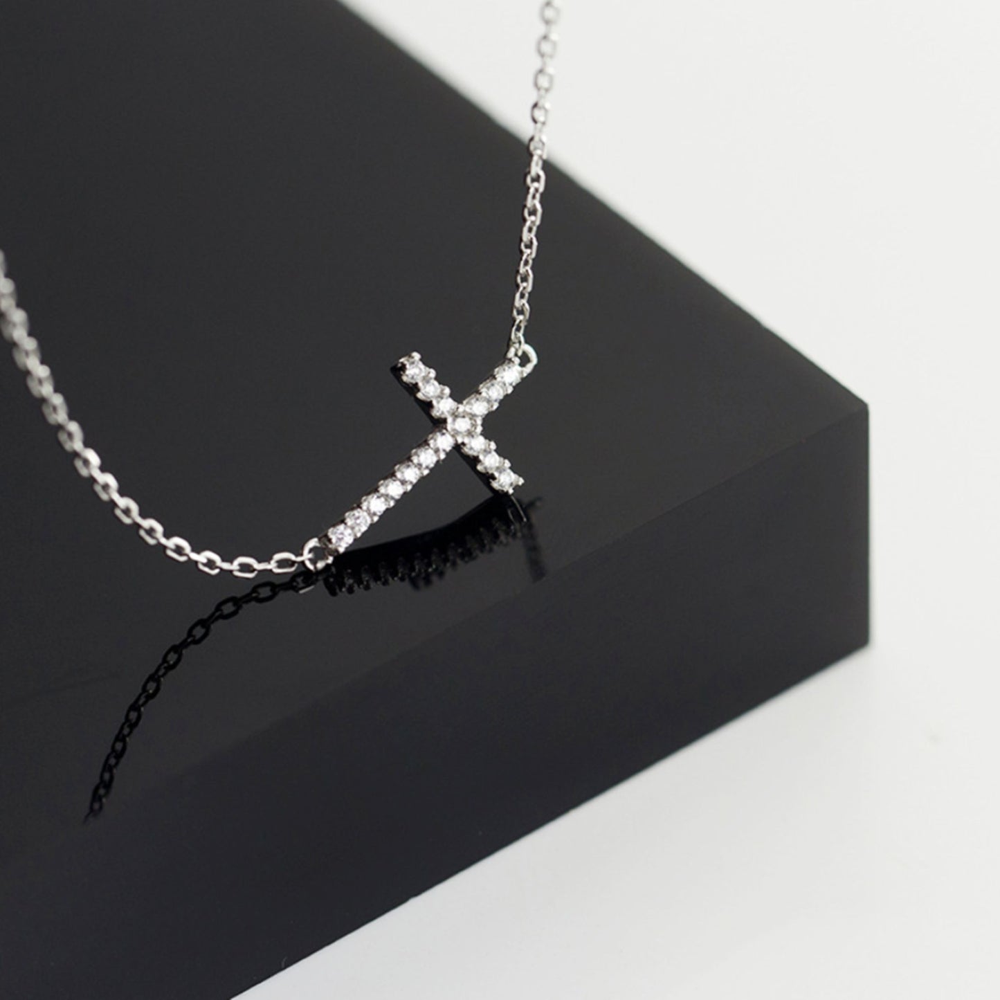 Sterling Silver Sideways Cross Micro Pave CZ Horizontal Pendant Necklace - sugarkittenlondon