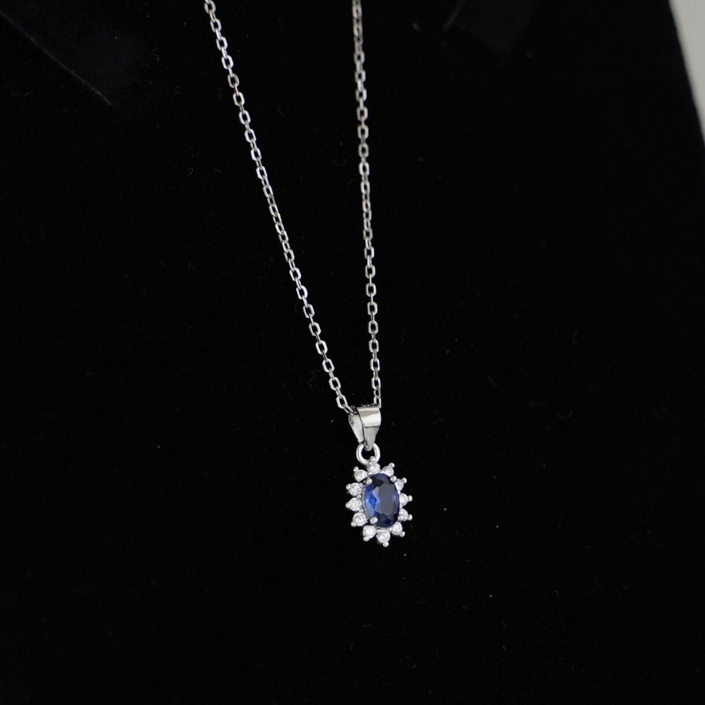 Sterling Silver Classic Blue Sapphire Colour Oval CZ Cluster Pendant Necklace - sugarkittenlondon