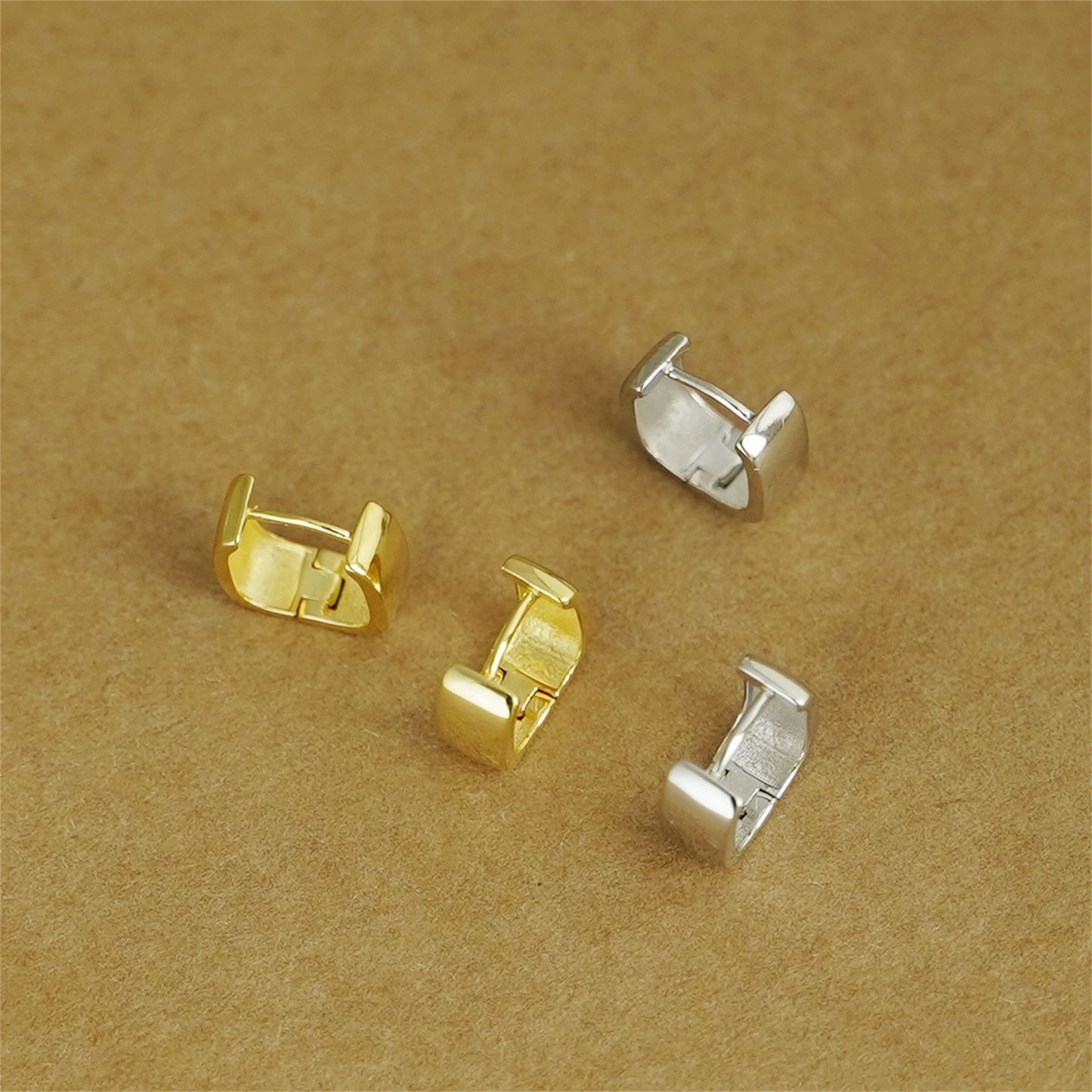 18K Gold on Sterling Silver 8.5mm Hoop Plain Square Huggie Earrings Unisex