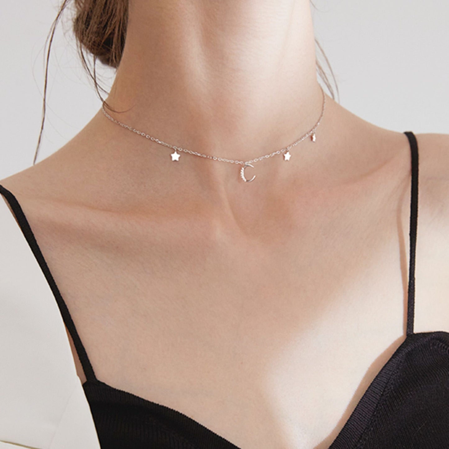 Sterling Silver Mini Moon Star CZ Crescent Charm Drop Choker Necklace - sugarkittenlondon