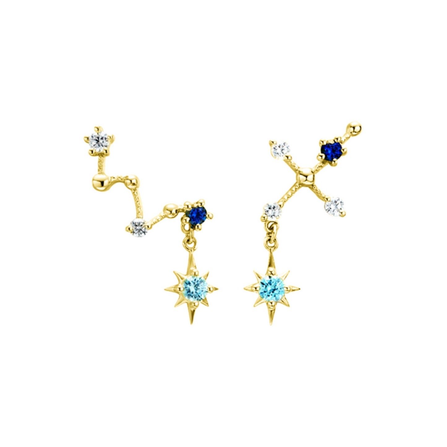 18K Gold on Sterling Silver CZ Big Dipper Blue Polaris Star Cross Climber Drop Earrings - sugarkittenlondon
