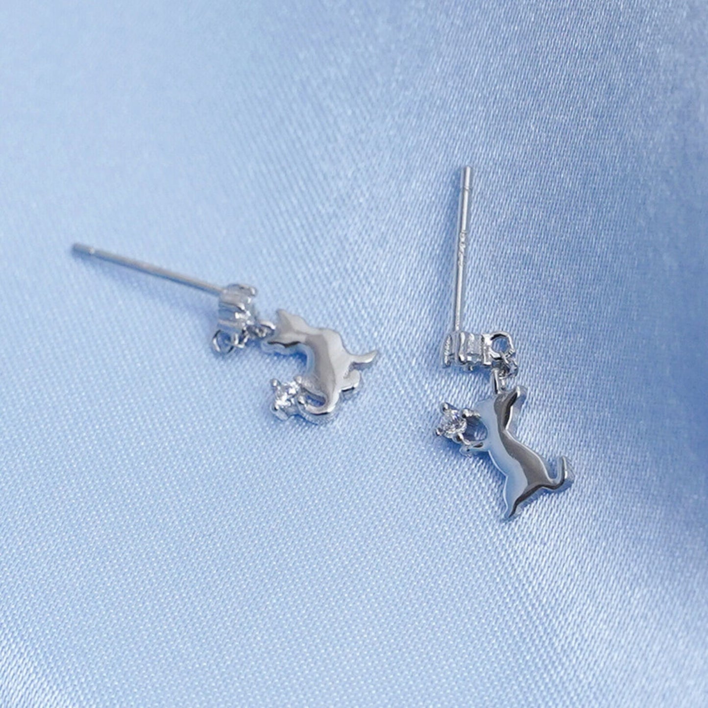925 Sterling Silver CZ Courting Cat Playful Kitten Drop Stud Earrings
