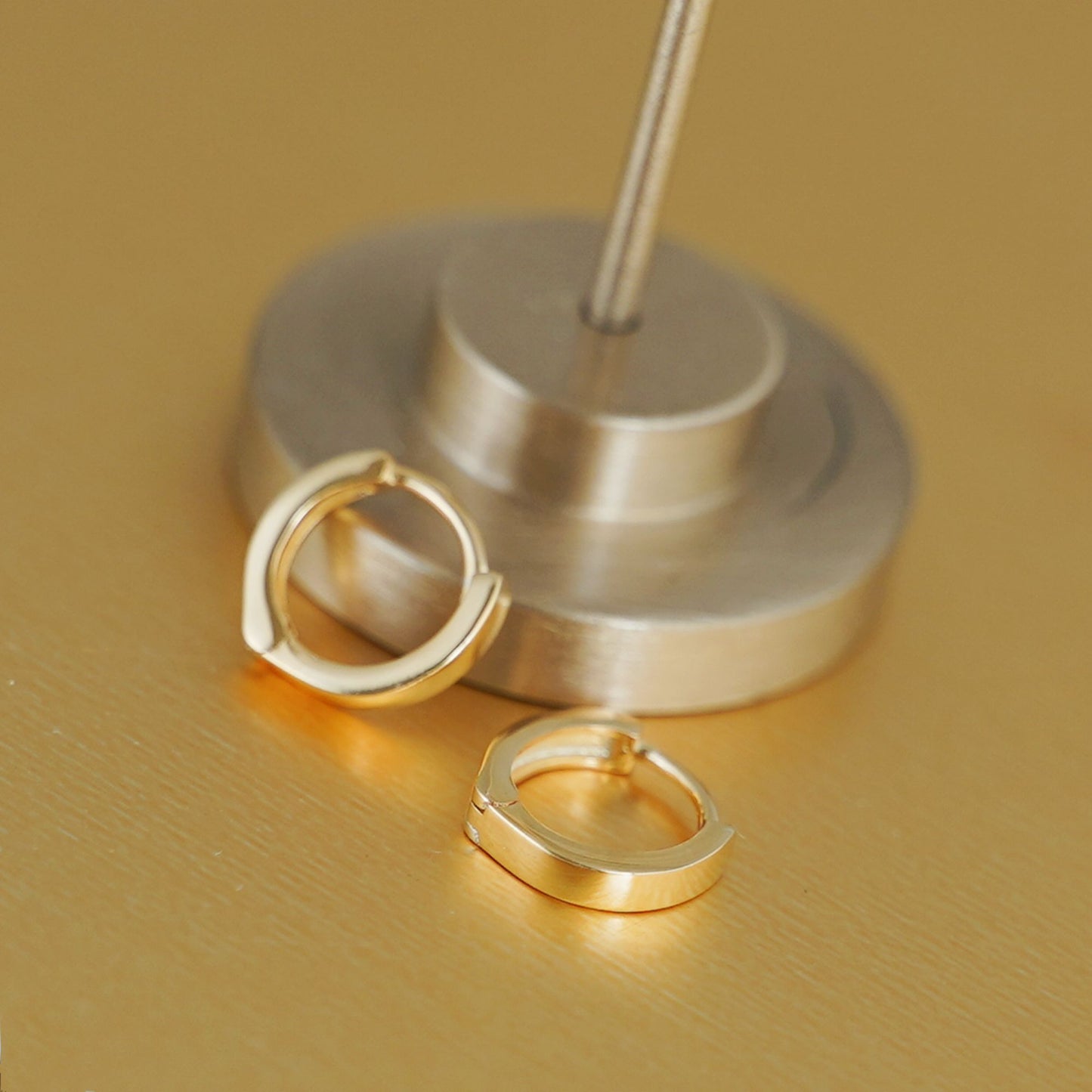 18K Gold Huggie Earrings on Sterling Silver Base, Small 8mm Hoop, 2mm Band, Unisex