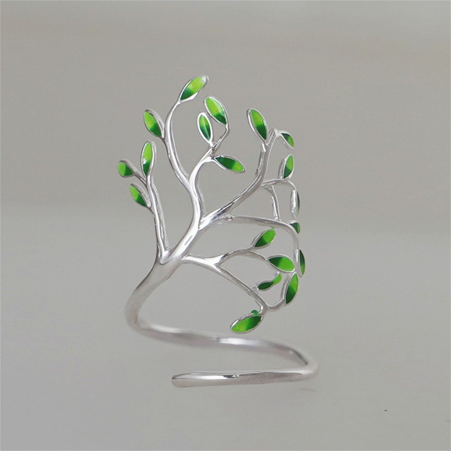 Sterling Silver Tree of Life Green Glazed Leaf Branch Forest Wrap Ring - sugarkittenlondon