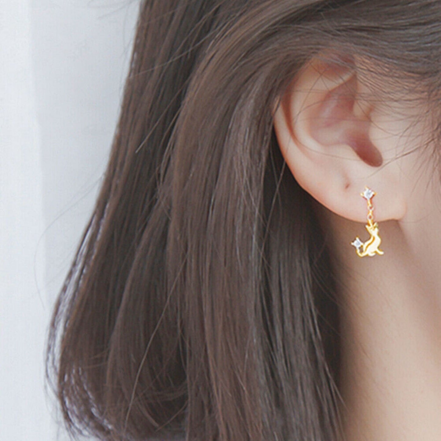 18K Gold Plated Sterling Silver Kitten Drop Stud Earrings with CZ