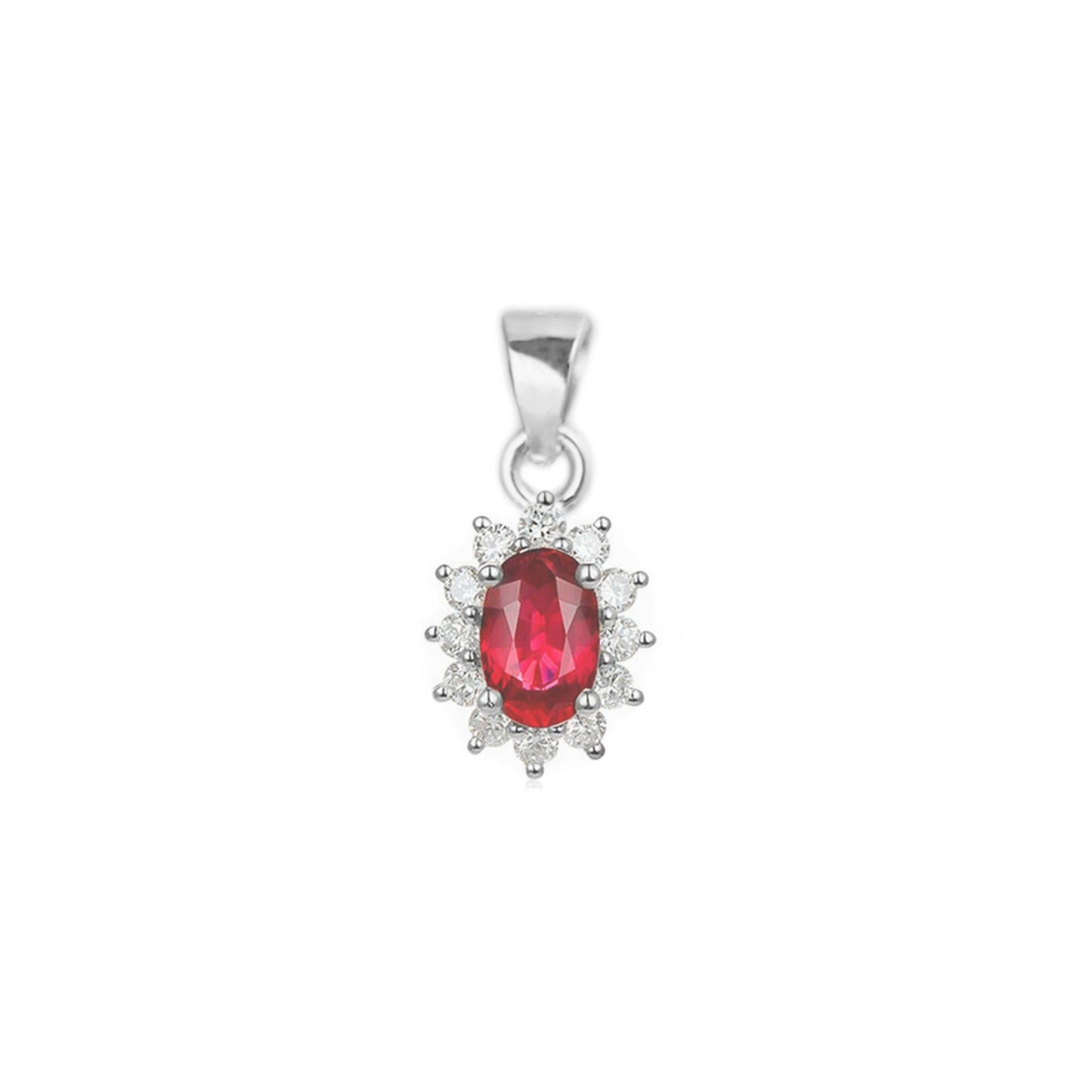 Sterling Silver Classic Red Ruby Garnet Colour Oval CZ Cluster Pendant Necklace - sugarkittenlondon