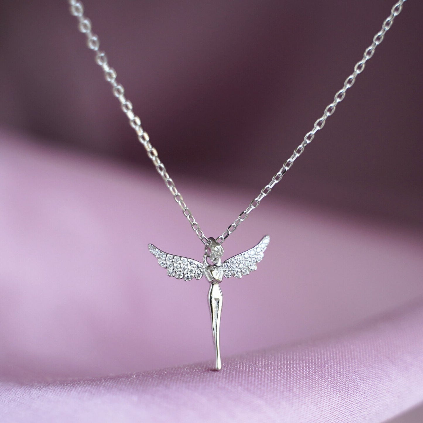 Sterling Silver Angel Paved CZ Wing Feather Cross Pendant Necklace - sugarkittenlondon