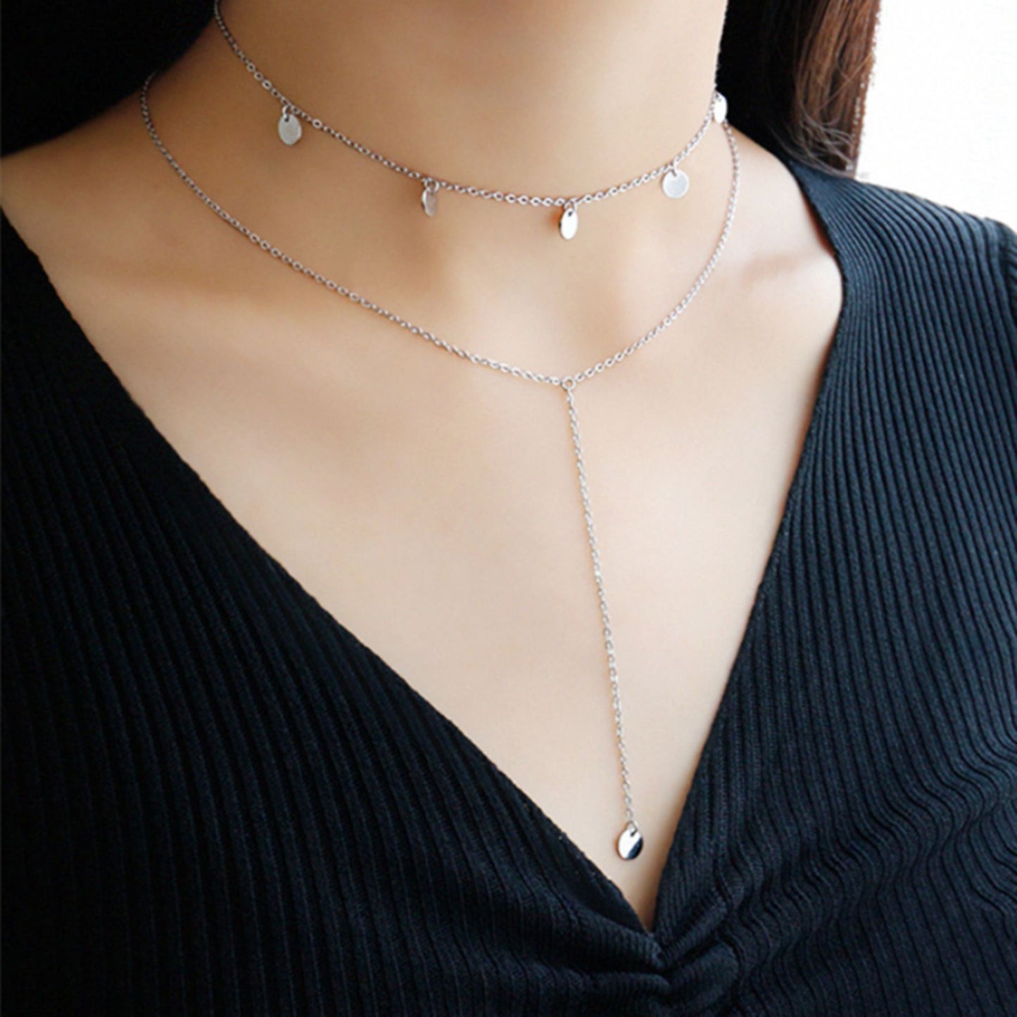 Sterling Silver Double Layer Multi Disc Dot Circle Choker Lariat Necklace - sugarkittenlondon