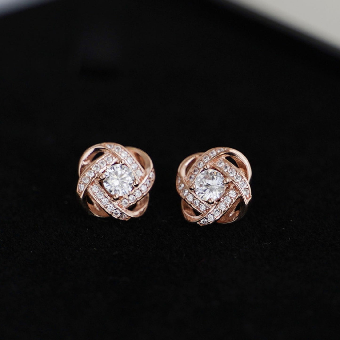 Rose Gold on Sterling Silver CZ Halo Knot Flower Stud Earrings Jewellery Lady II - sugarkittenlondon