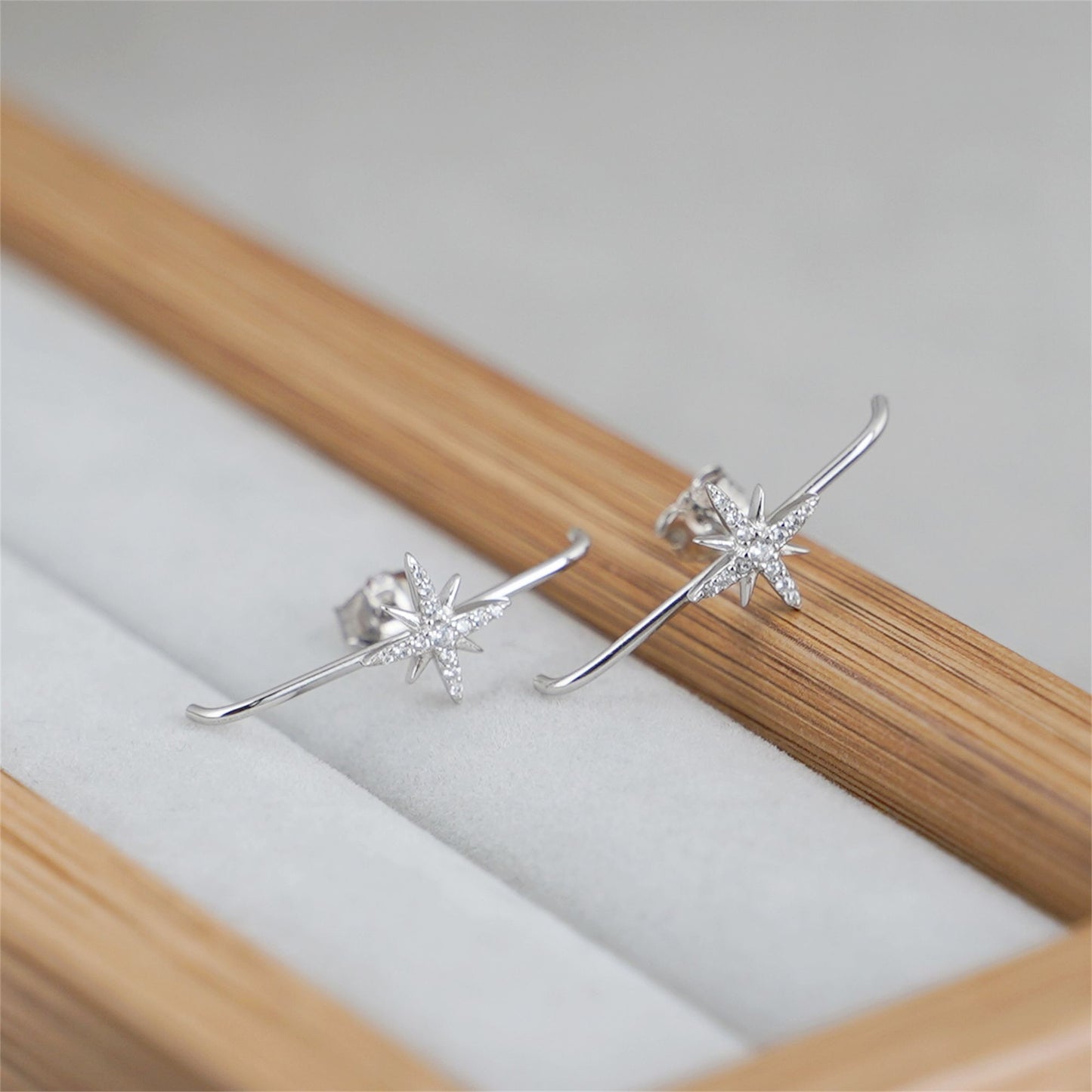 Sterling Silver 9mm North Pole Star Pave CZ Suspender Bar Cuff Stud Earrings