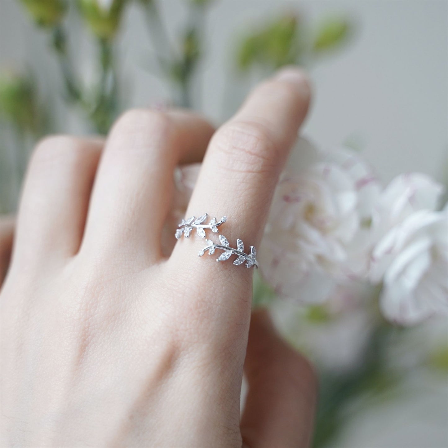 Rhodium on Sterling Silver Sparkling Crystal CZ Leaf Feather Bridal Wrap Ring - sugarkittenlondon