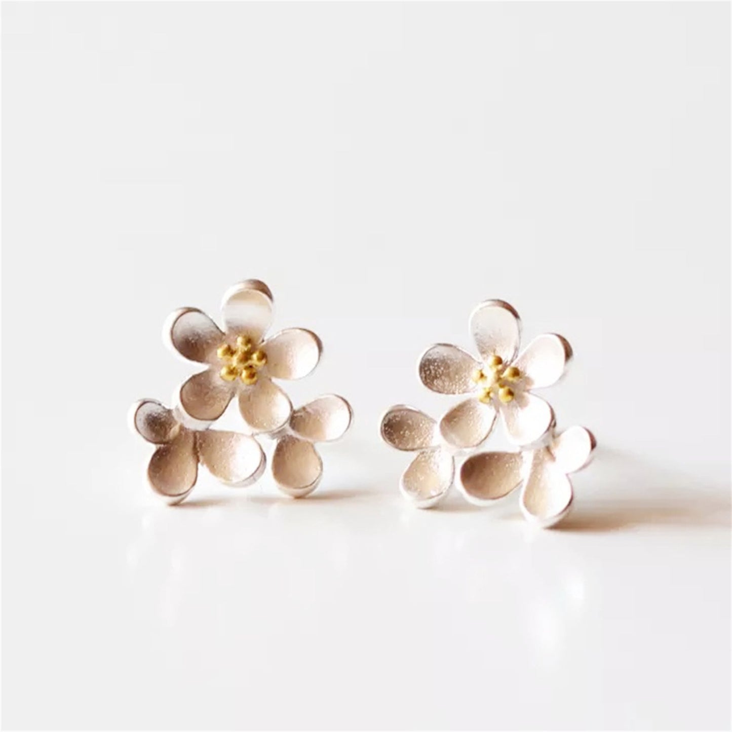 Sterling Silver Cupped Flower Cherry Blossom Cascade Stud Earrings - sugarkittenlondon