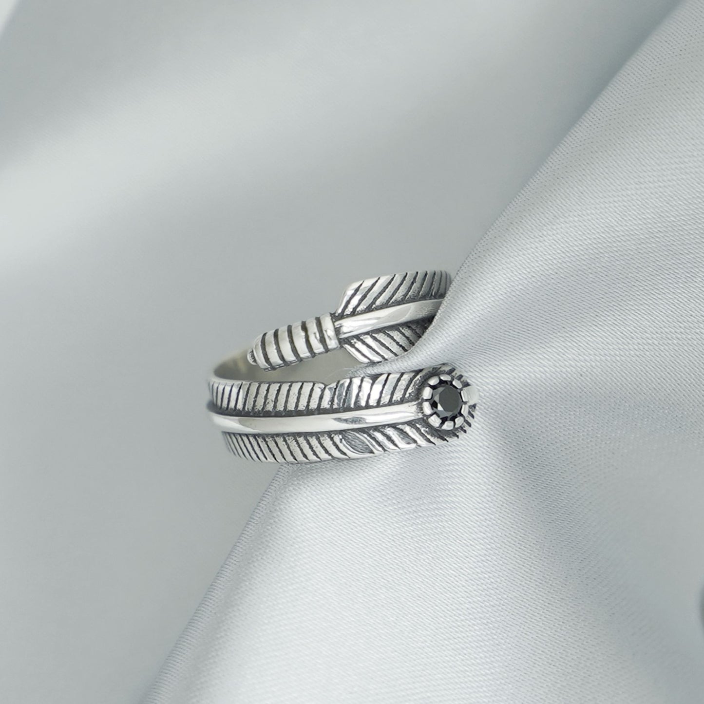 Sterling Silver Oxidized Black CZ Leaf Feather Angel Wing Wrap Ring Unisex - sugarkittenlondon
