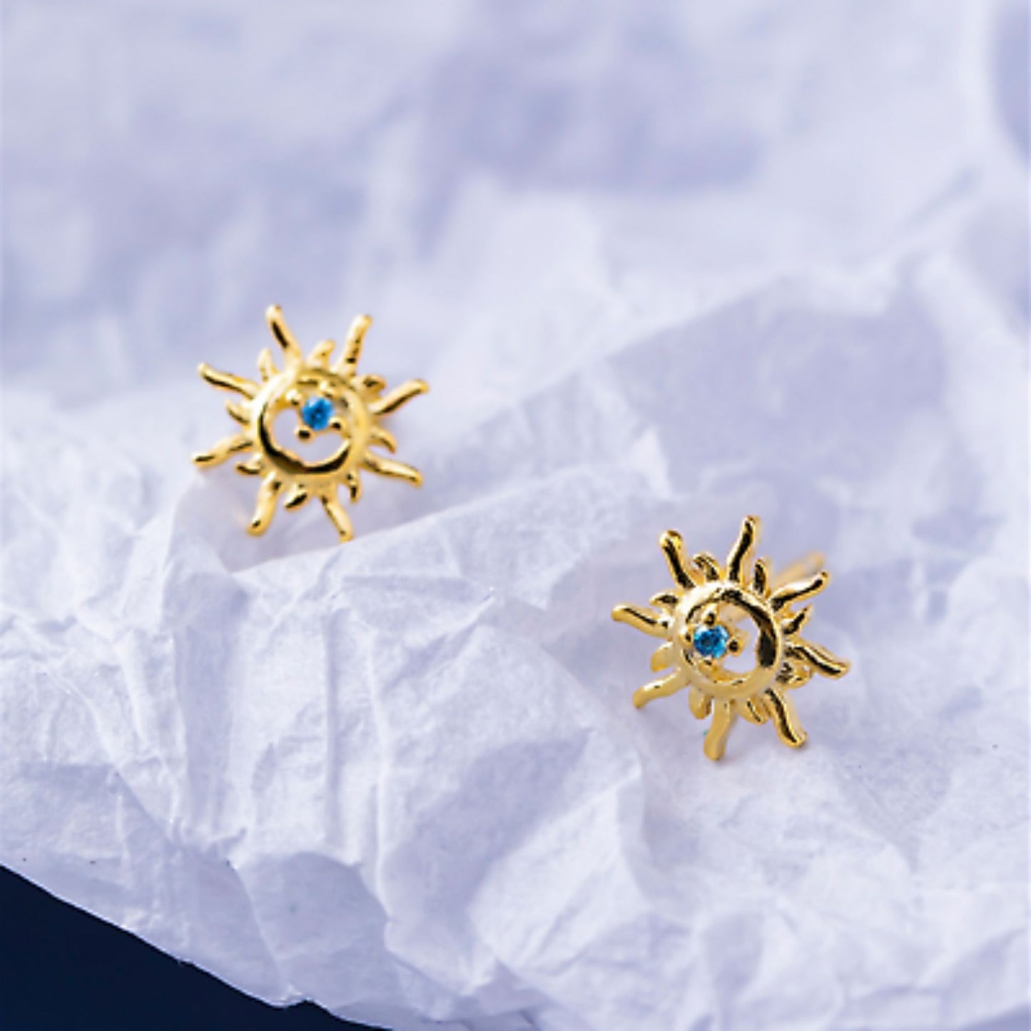 925 Sterling Silver Sun Earrings with 18K Gold Plating and Light Blue Aquamarine CZ