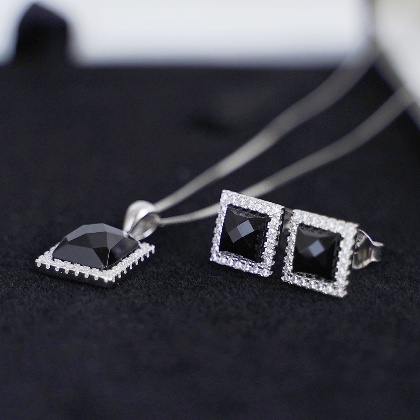 Sterling Silver Necklace and Earrings Set with Natural Black Agate Stone