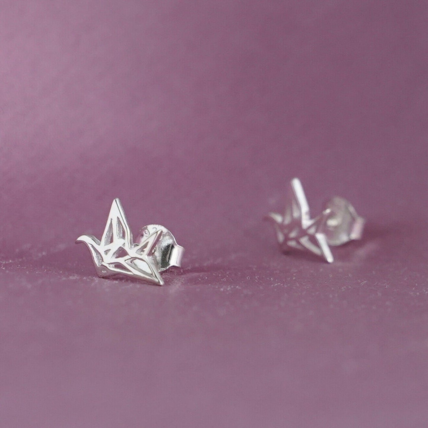 Sterling Silver Shiny Polished Origami Crane Bird Girls Stud Earrings - sugarkittenlondon