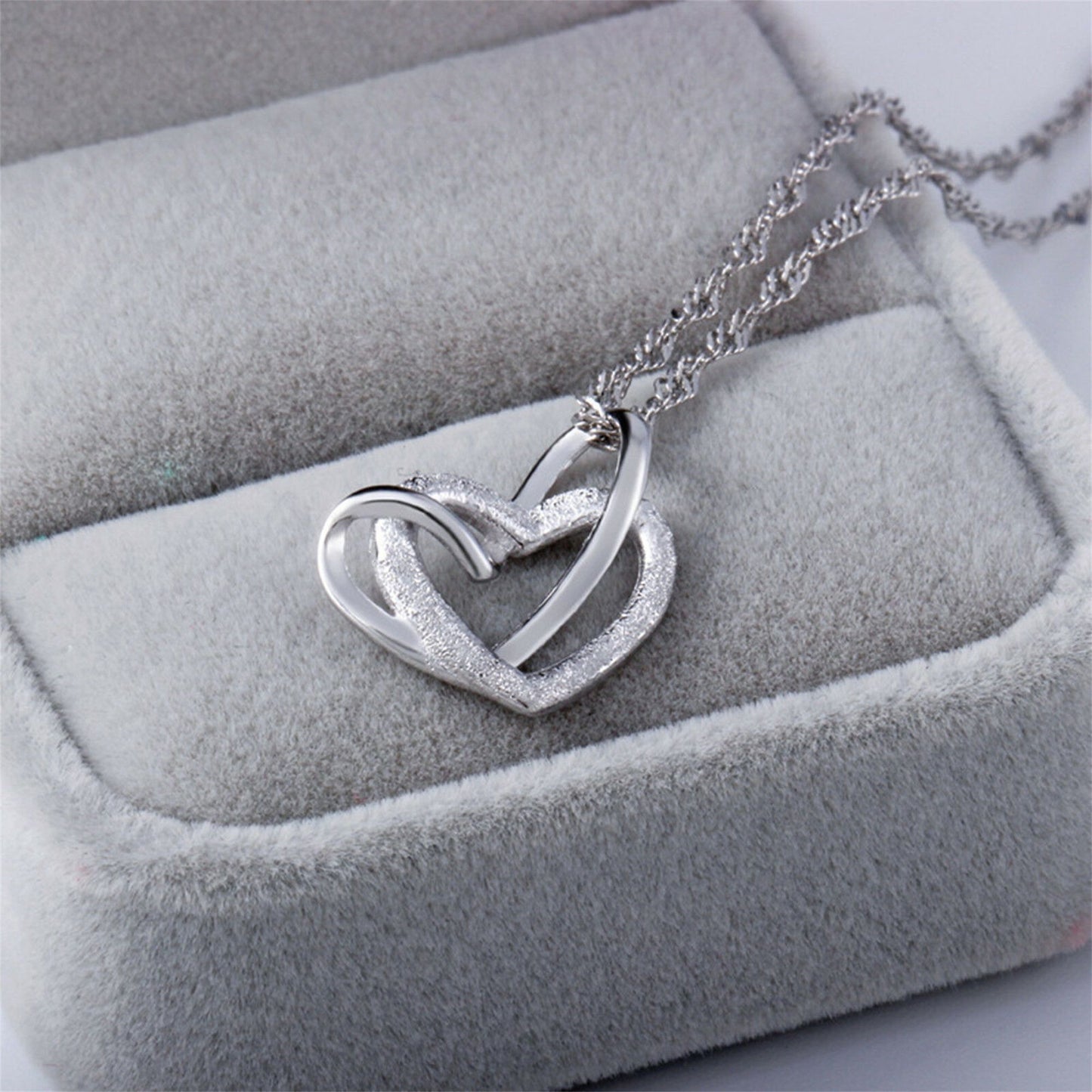 Sterling Silver Floating Sandblasted Love Heart Knot Charm Pendant Necklace - sugarkittenlondon