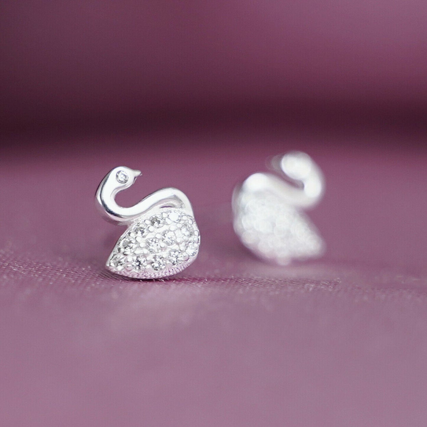 925 Sterling Silver Swan Stud Earrings with Paved CZ