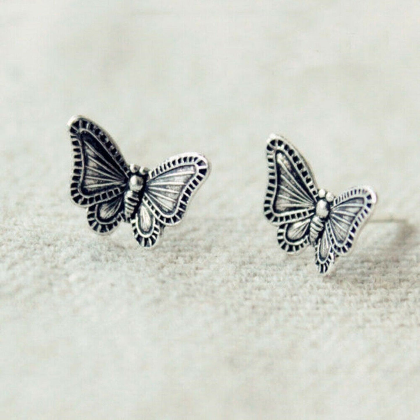 Sterling Silver Butterfly Studs Oxidized Dark Vintage Post Earrings - sugarkittenlondon