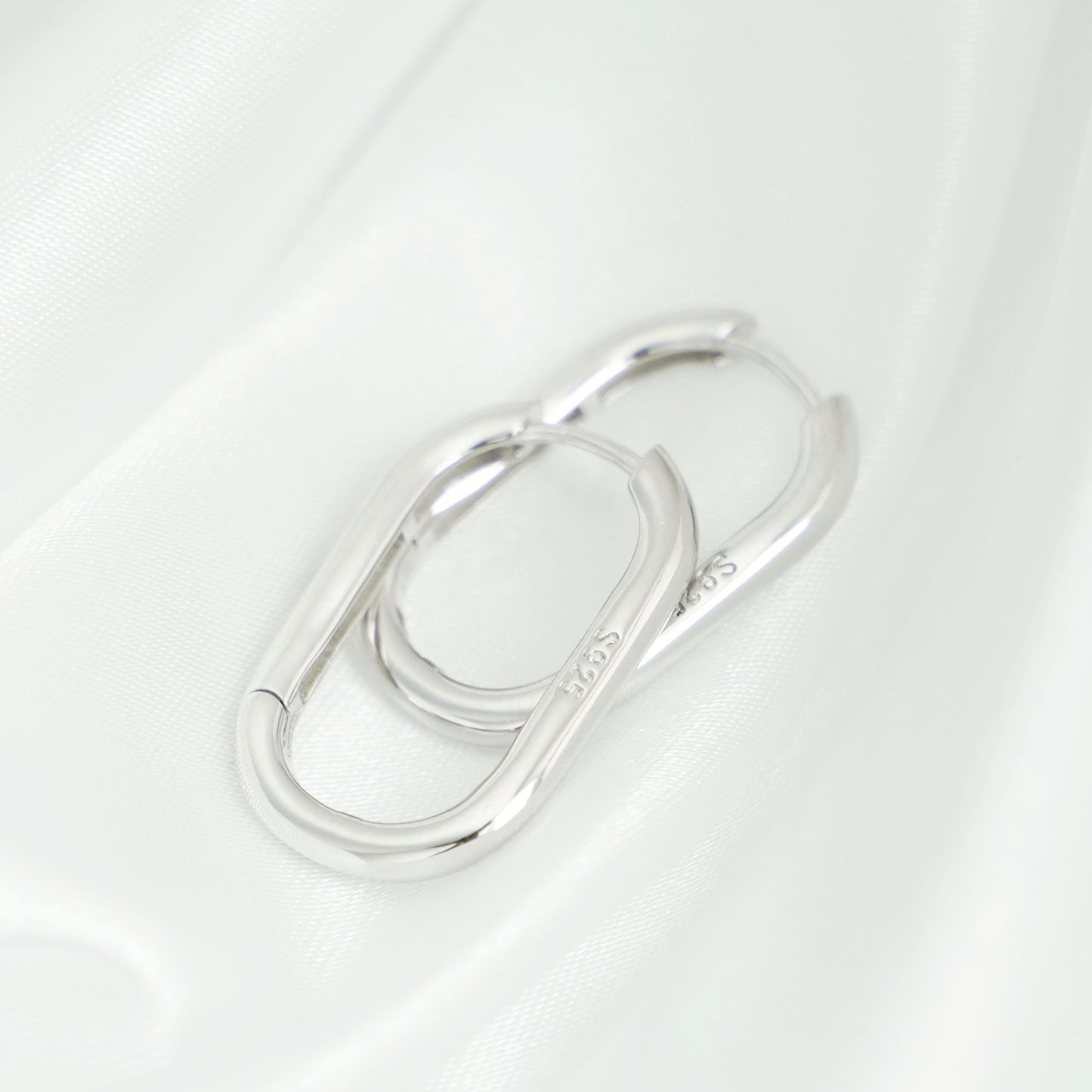 Rhodium-plated Sterling Silver Oval Hoop Earrings with Square Opening