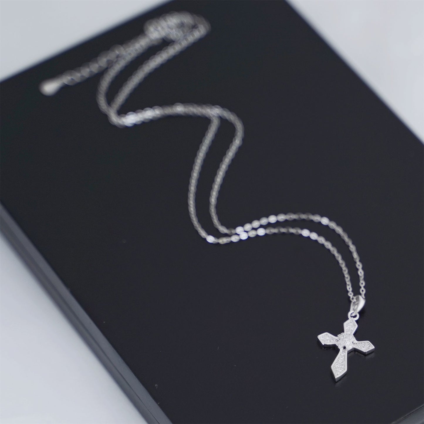 Sterling Silver Passion Cross Diagonal Cross Centre Paved CZ Pendant Necklace - sugarkittenlondon