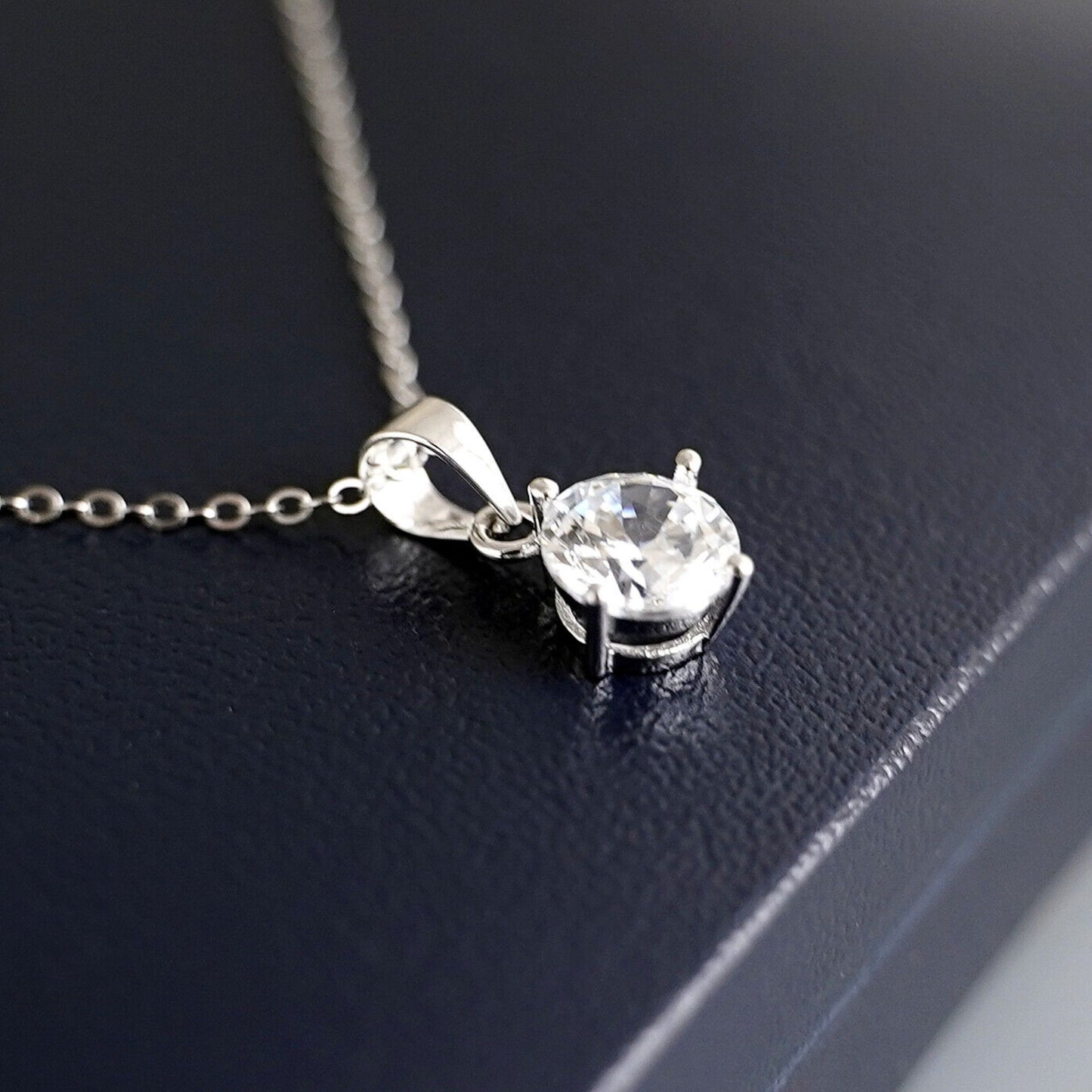 Sterling Silver Diamante 4 Claw Solitaire Clear 7mm CZ Pendant Belcher Necklace - sugarkittenlondon