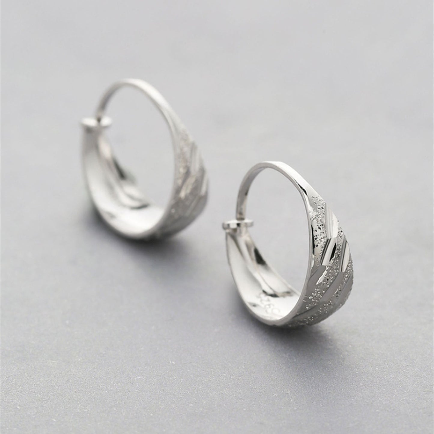Sterling Silver Wide Diagonal Grooved Sandblasted Dome Sleeper Hoop Earrings