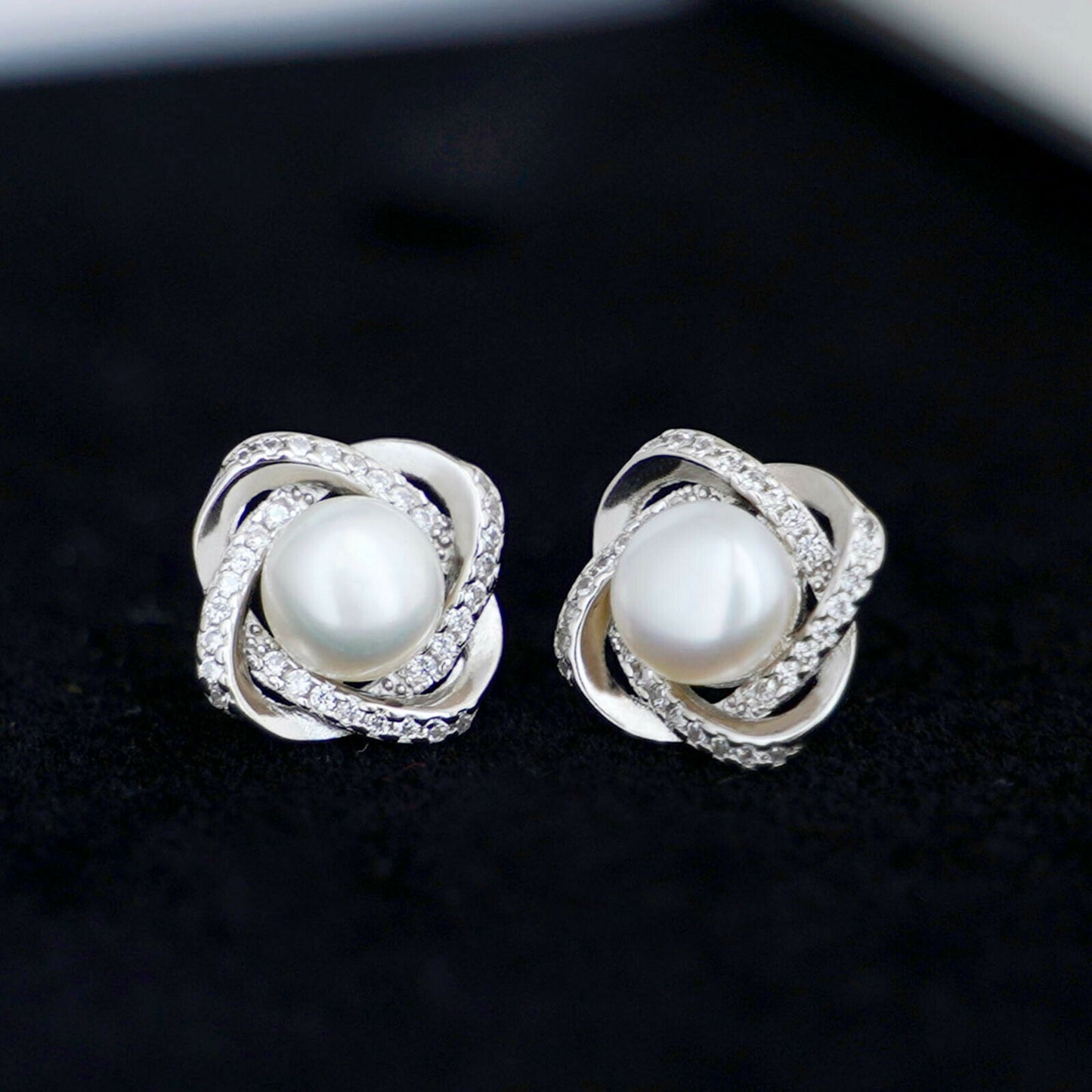 Sterling Silver Freshwater Pearl Stud Earrings with CZ Knots - 7mm White Button Pearls - sugarkittenlondon