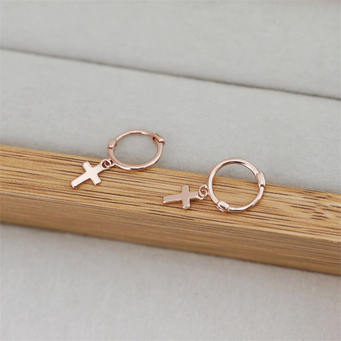 Rose Gold on Sterling Silver Cross Hoop Earrings with Sterling Silver Charm