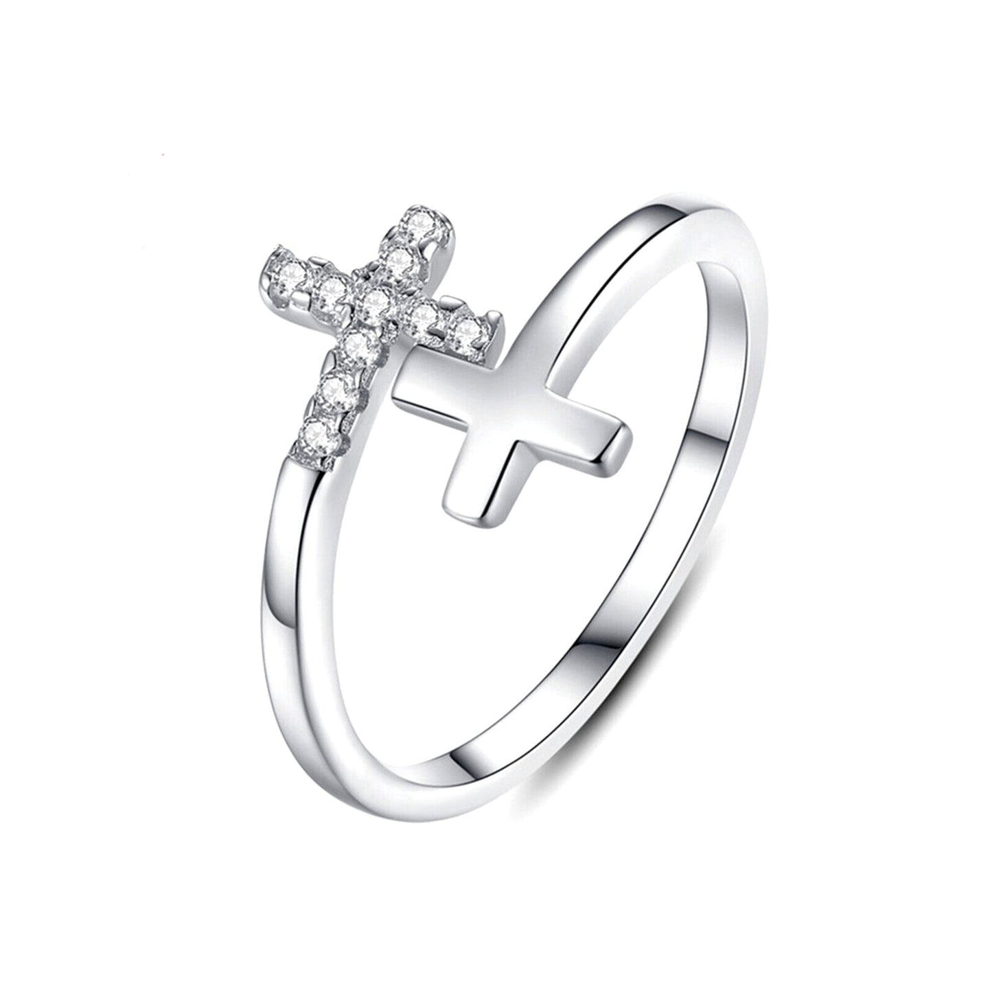 Rhodium on Sterling Silver Double Cross Paved CZ Wrap Open Band Ring - sugarkittenlondon
