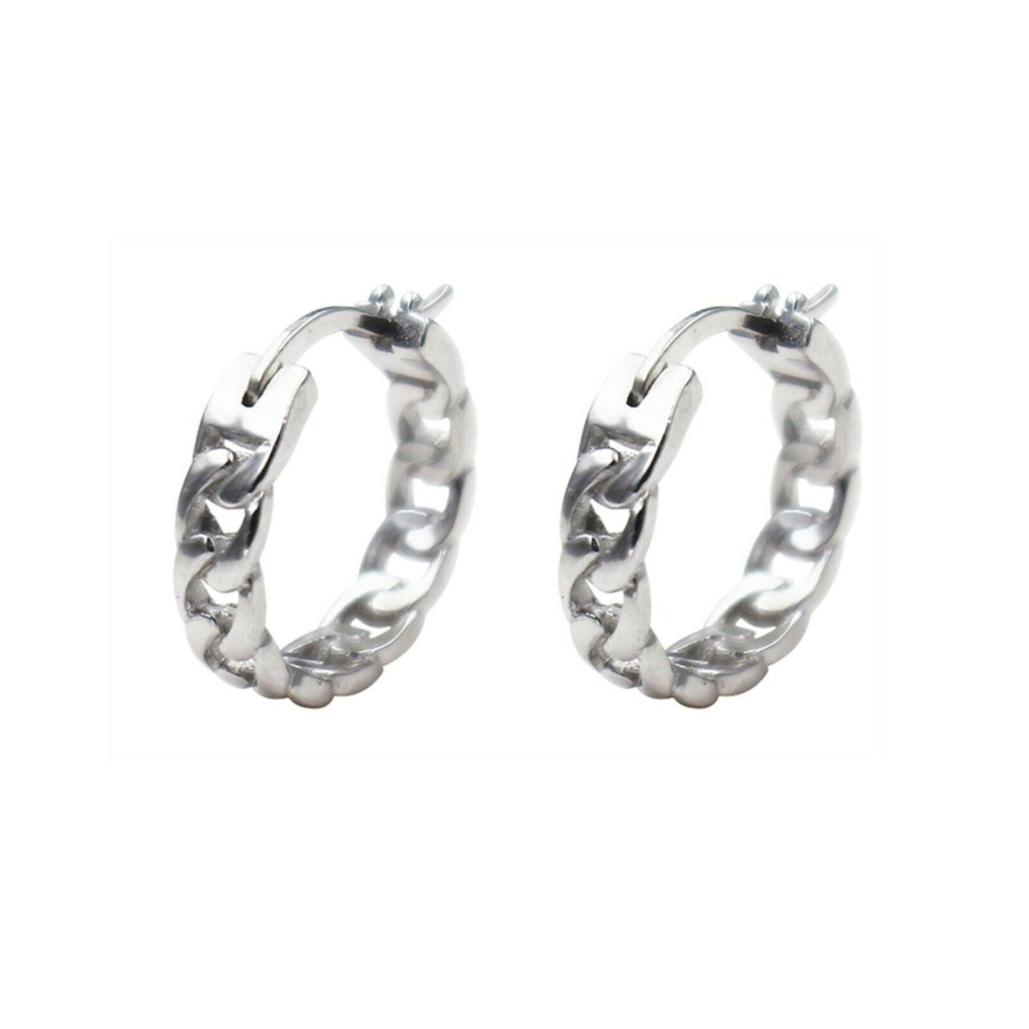 Unisex Sterling Silver Curb Chain Hoop Earrings with French Lock Closure