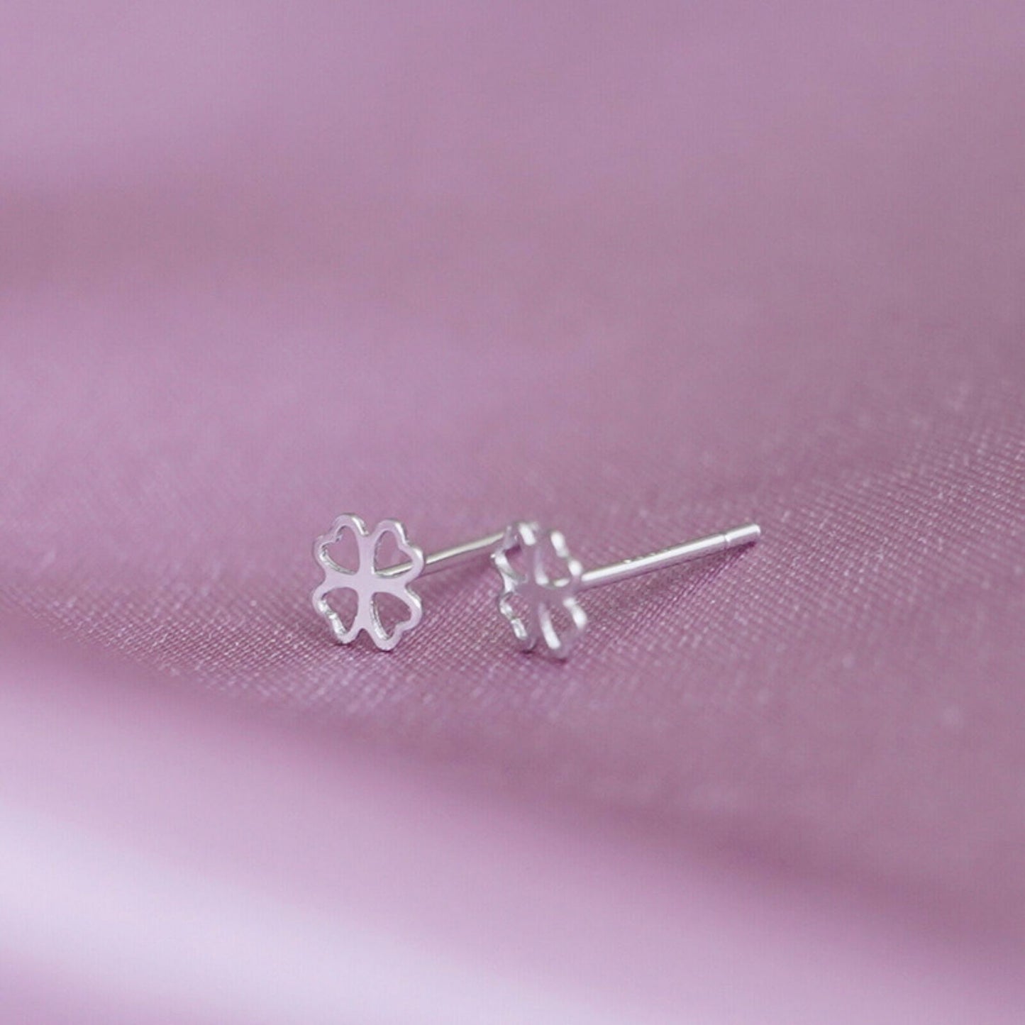 Fine Silver 999 5mm Lucky Love Heart 4 Leaf Clover Shamrock Stud Earrings - sugarkittenlondon