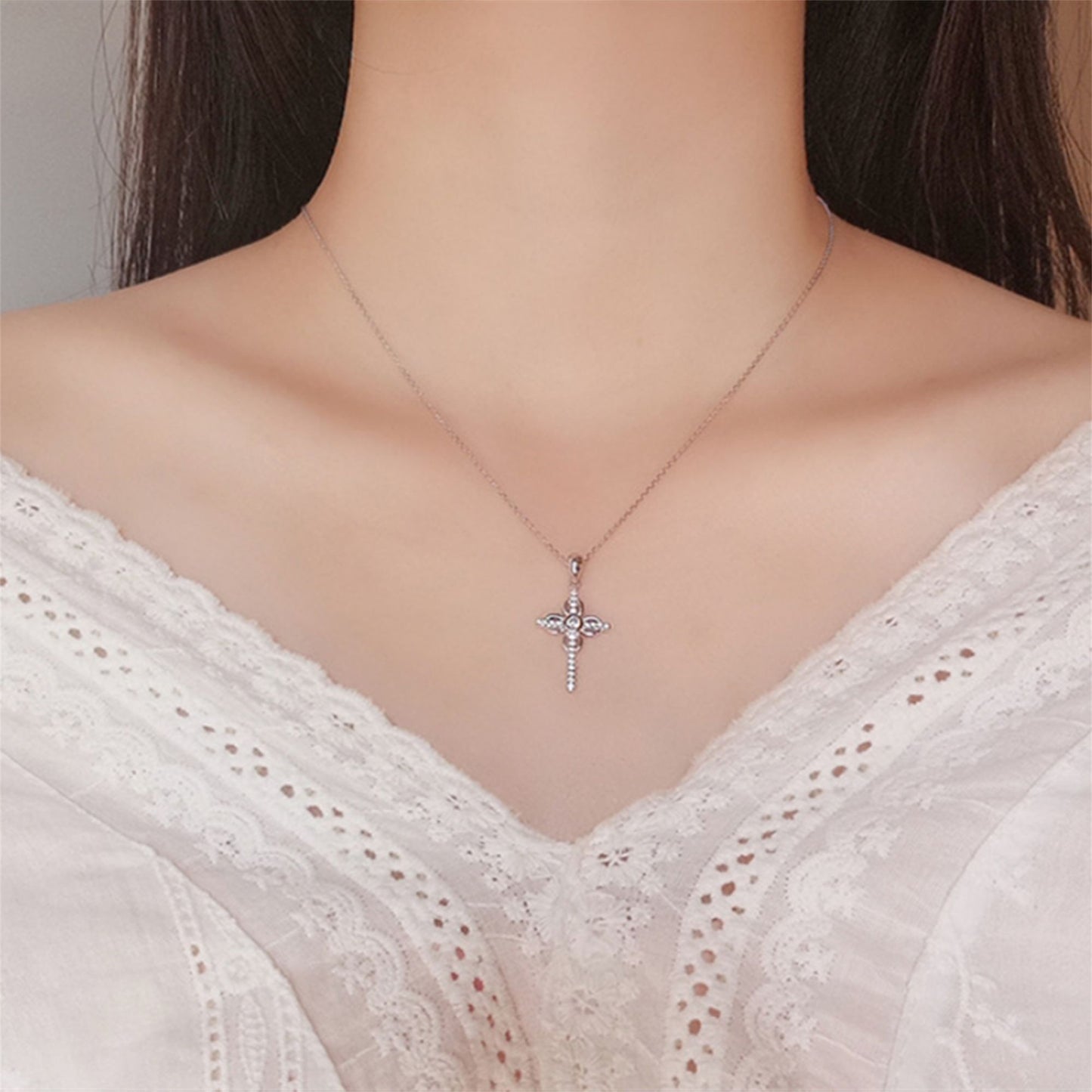 Sterling Silver Thin Paved CZ Ribbon Cross Bezel CZ Centre Pendant Necklace - sugarkittenlondon