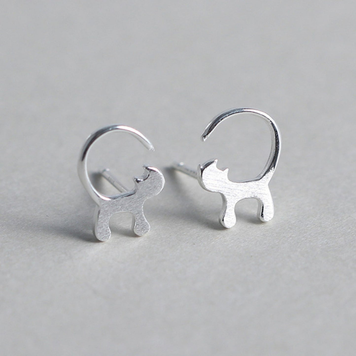 Sterling Silver Brushed Playful Cat Kitten Kitty Raised Tail Stud Earrings - sugarkittenlondon