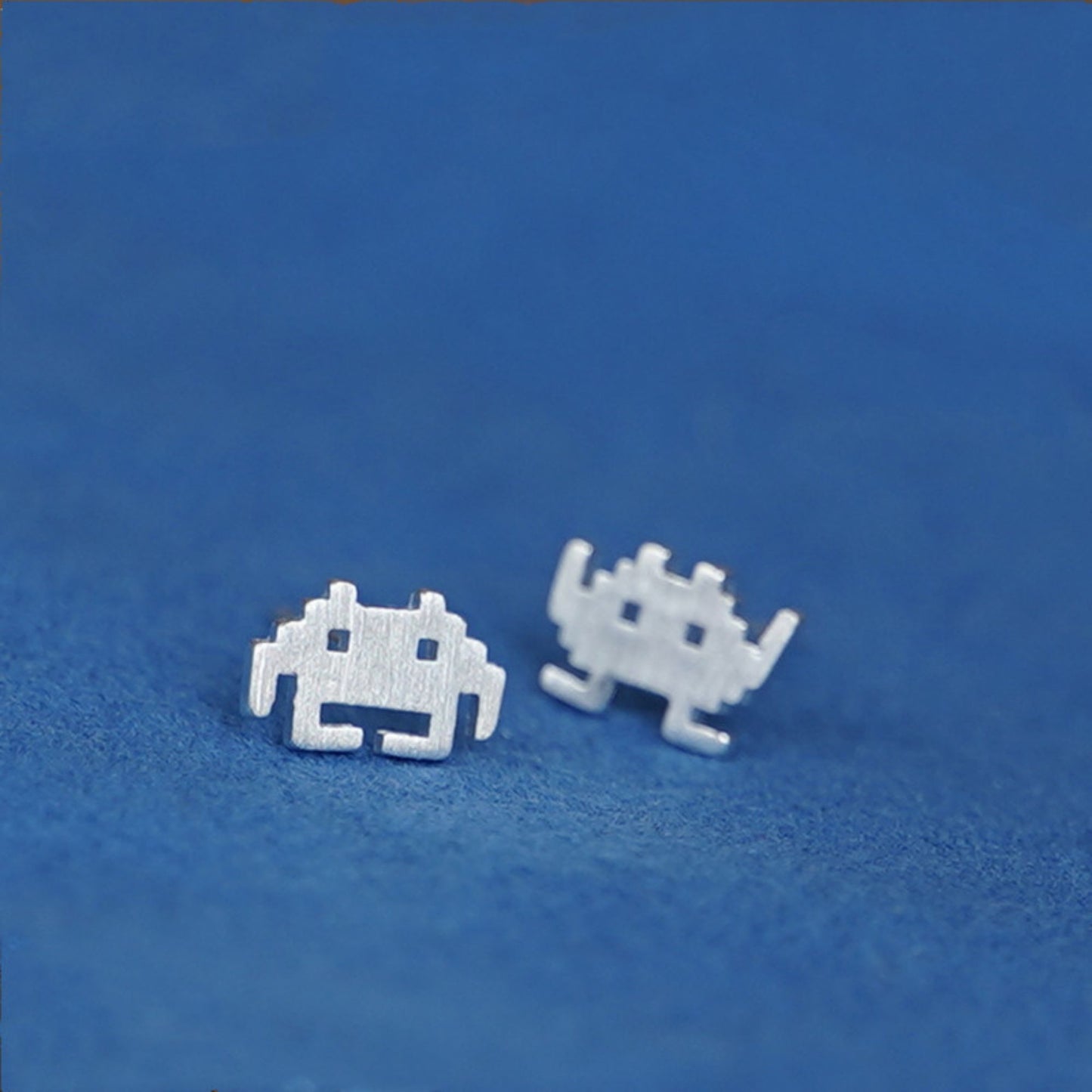 Sterling Silver Brushed Space Invader Aliens Robot Pixel Game Stud Earrings - sugarkittenlondon