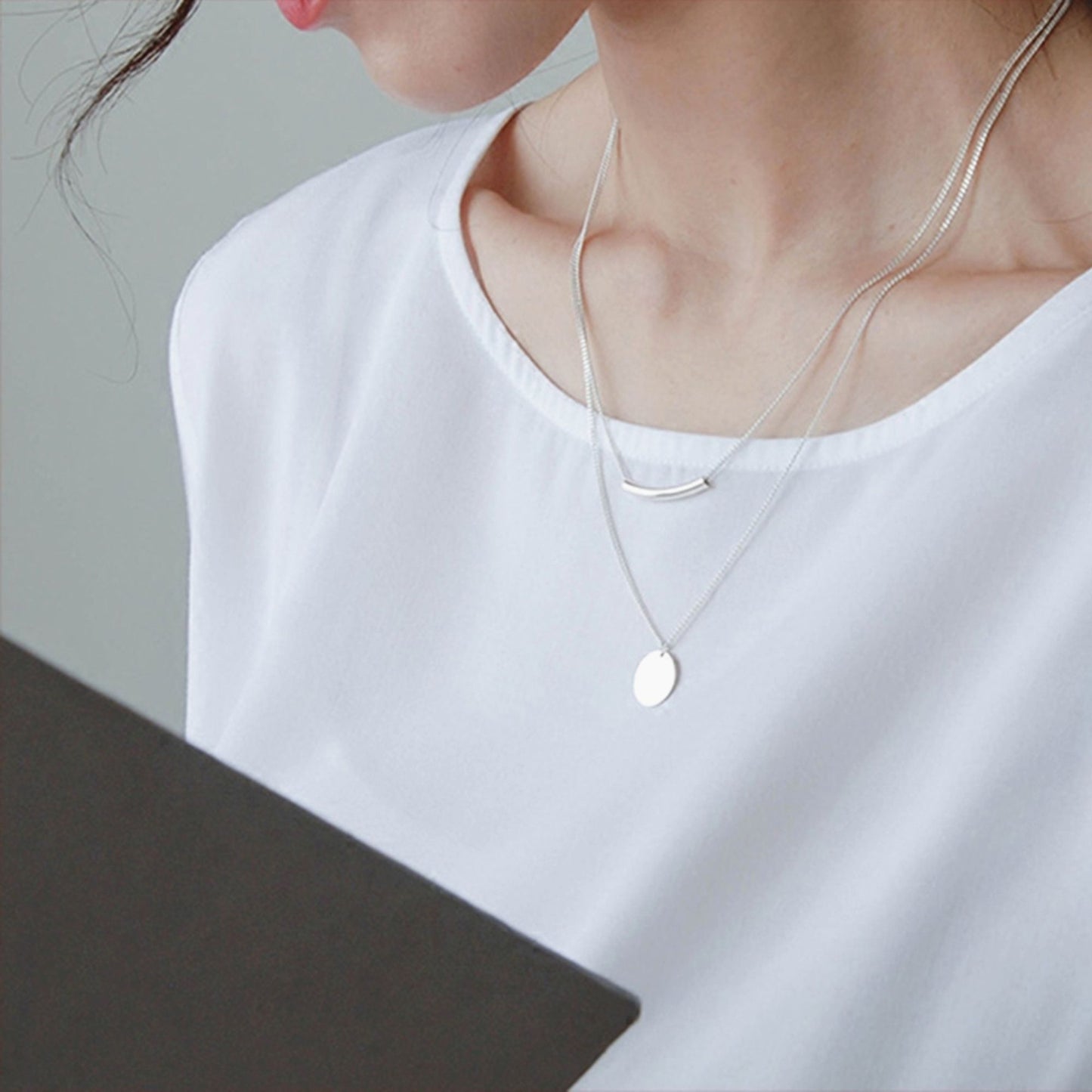 Sterling Silver Double Layer Disc Dot Pebble Charm Tube Curb Chain Necklace - sugarkittenlondon
