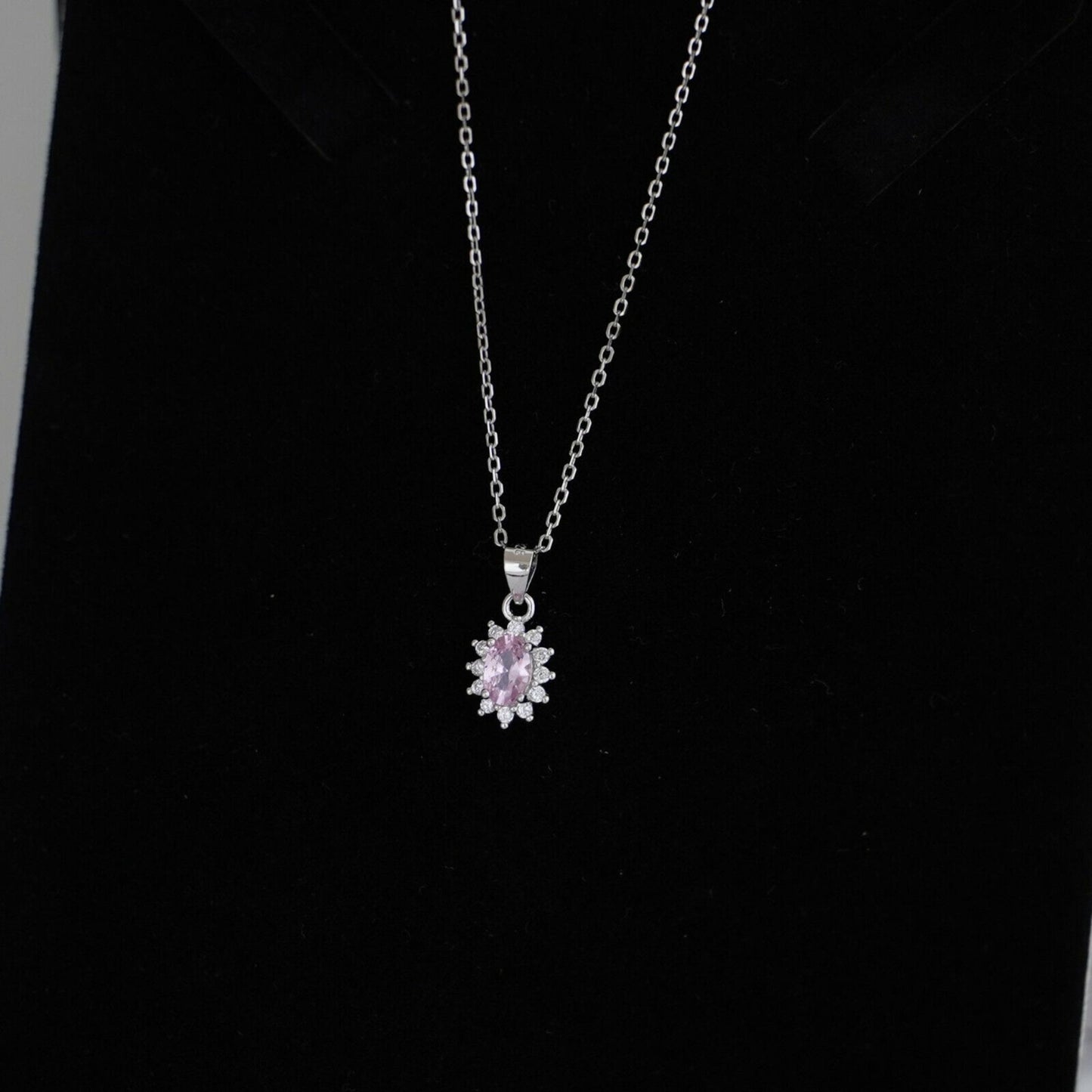 Sterling Silver Light Pink Cluster Colour Oval CZ Cluster Pendant Necklace - sugarkittenlondon
