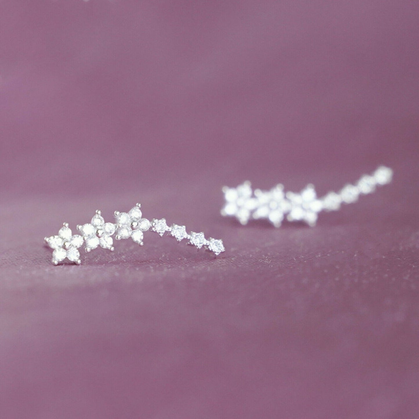 Sterling Silver Paved CZ Curved Line Star Flower Post Drop Climber Earrings - sugarkittenlondon
