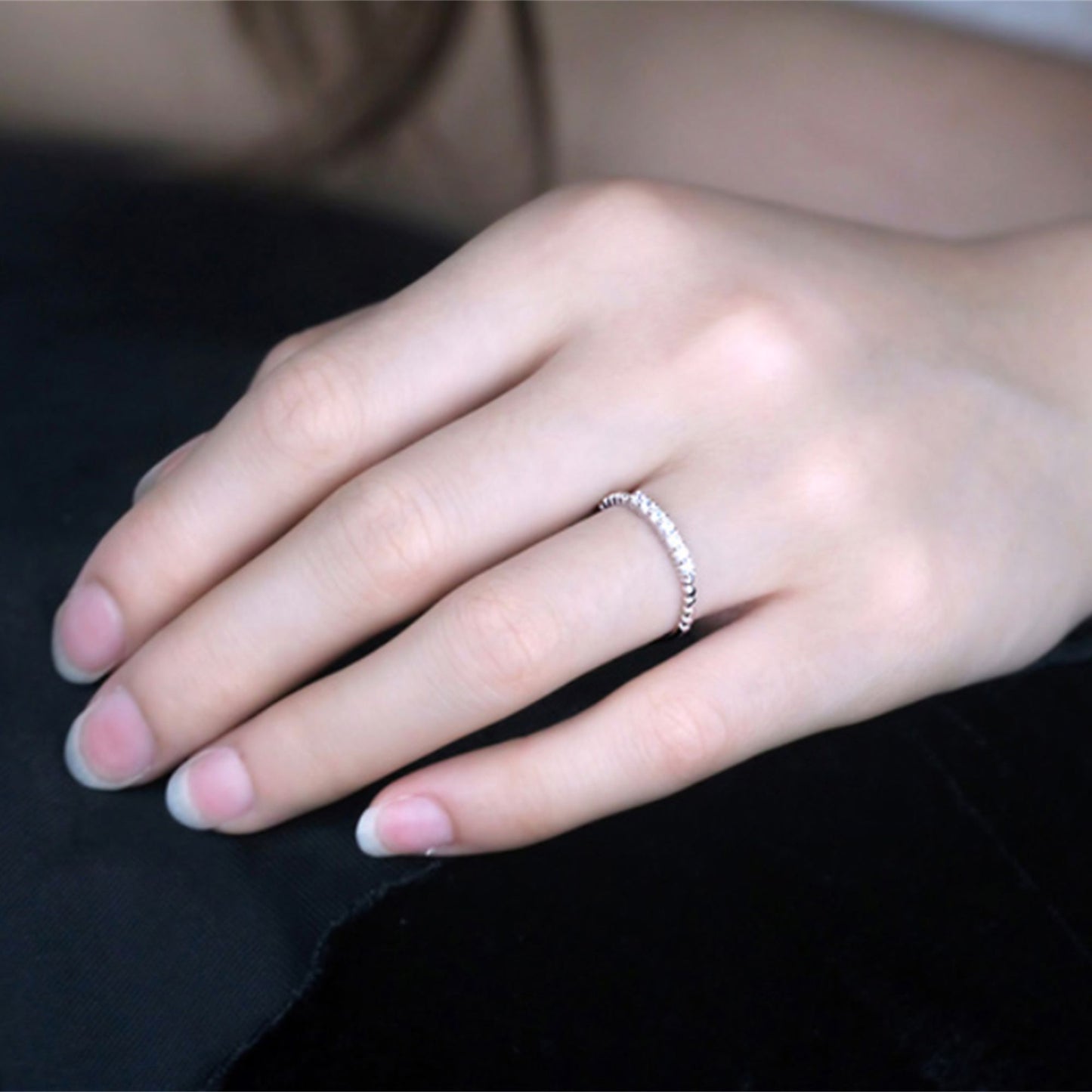 Sterling Silver Bubble Bead Half Eternity 7 CZ Crystal Stacking Ring 1.5mm - sugarkittenlondon