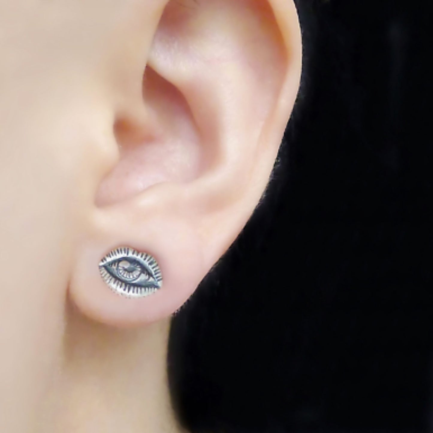 Sterling Silver Oxidized All Seeing Eye Creepy Eye Lips Stud Earrings - sugarkittenlondon