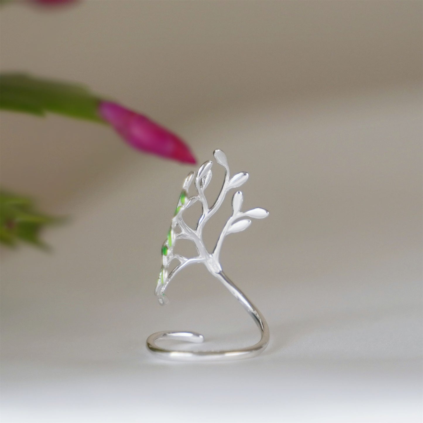 Sterling Silver Tree of Life Green Glazed Leaf Branch Forest Wrap Ring - sugarkittenlondon